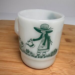 Vintage Termocrisa Holly Hobbie Mug 💚 Milk Glass Stacking Mug • Green Print